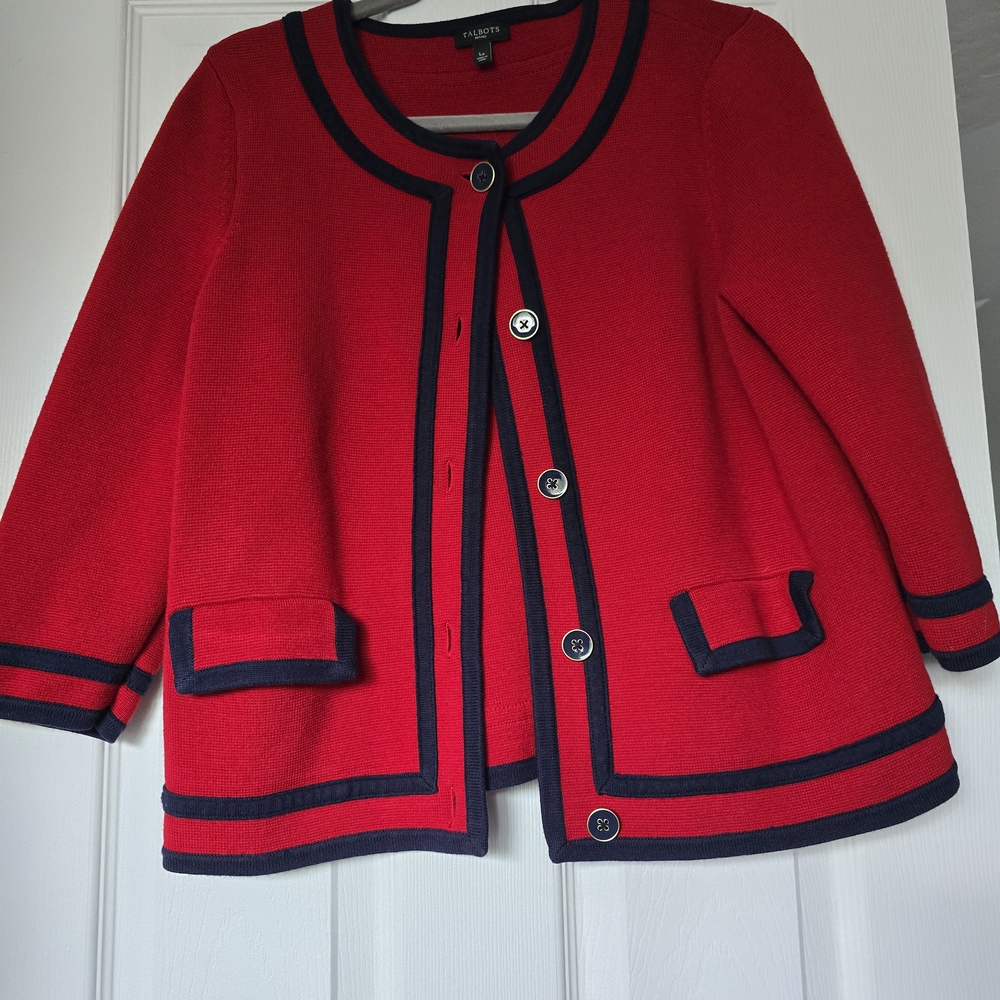 Talbots Red Cardigan with Navy Accents